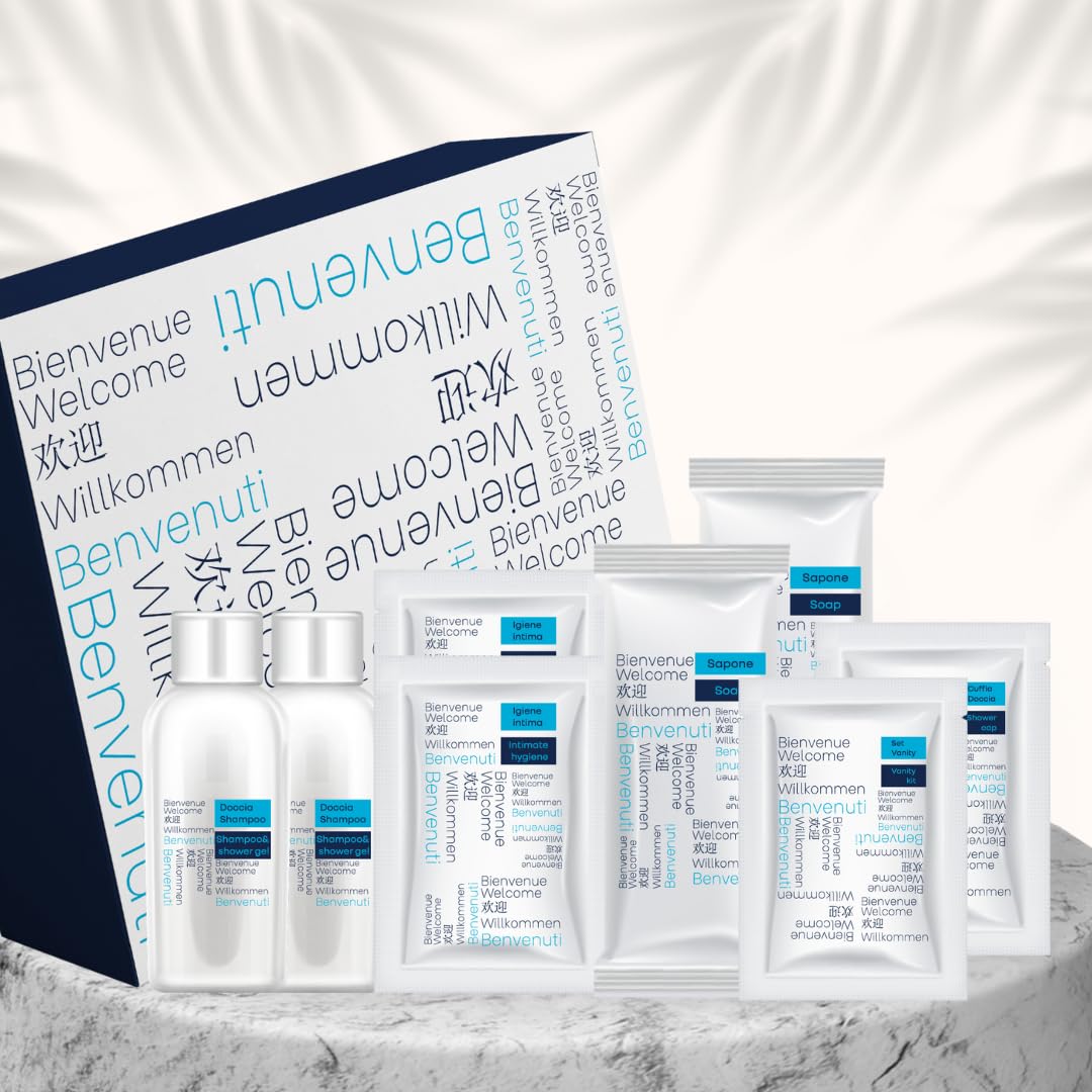 Kit Cortesia B&B Benvenuti Box con 8 Pezzi per 2 Persone Set Cortesia Bagno B&B con 2 Saponette, 2 Flacomi Doccia Shampoo, 1 Cuffia Doccia Monouso, 1 Set Vanity, 2 Bustine Igiene Intima (100)