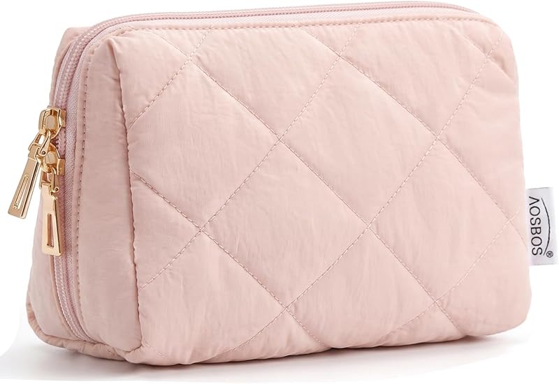 Necessaire de maquiagem Aosbos acolchoada rosa com zíper, tamanho para viagem