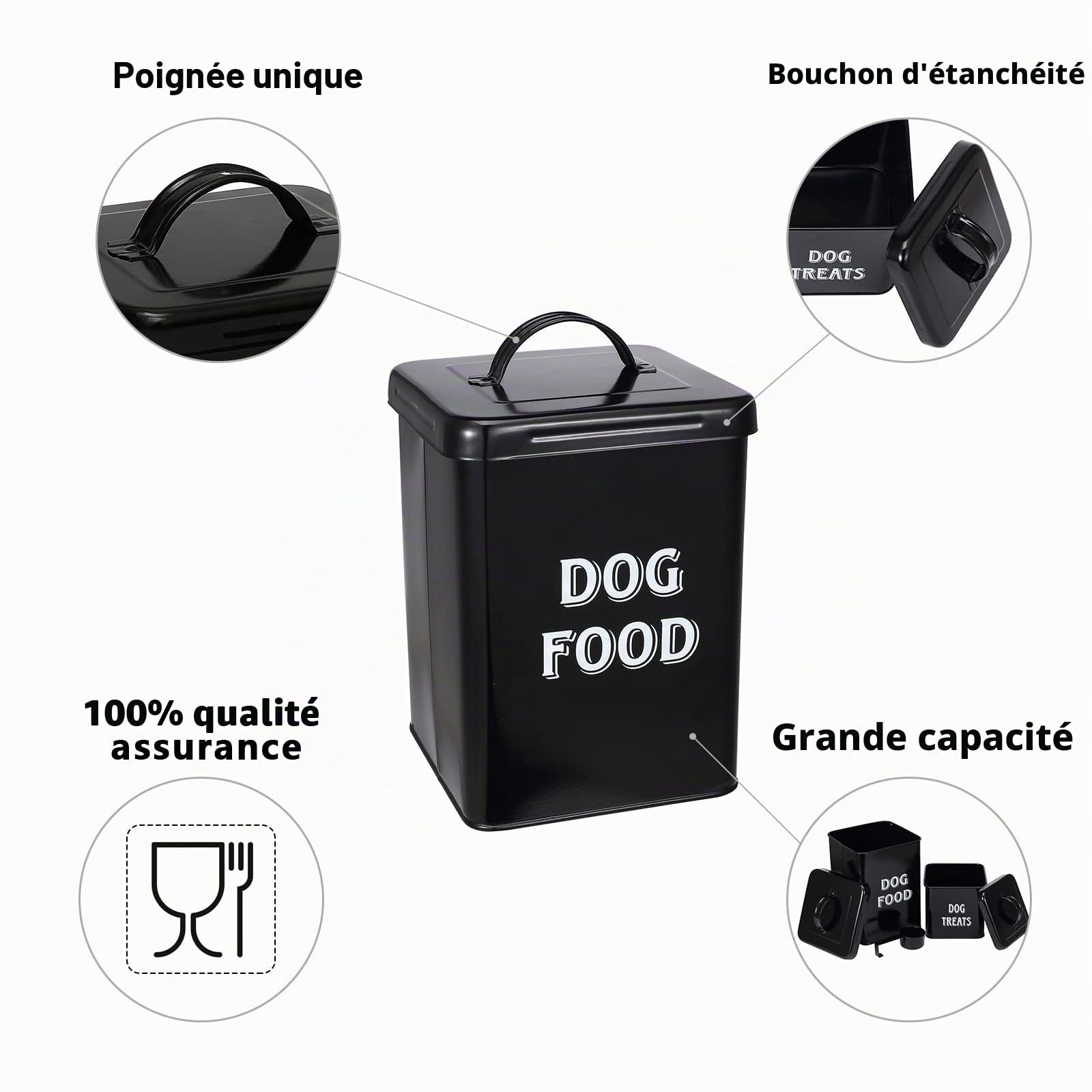Morezi Lot de boîtes de nourriture et friandises pour animaux de compagnie avec pelle pour chats ou chiens – Acier carbone avec revêtement en poudre crème – Couvercles hermétiques – Boîtes de