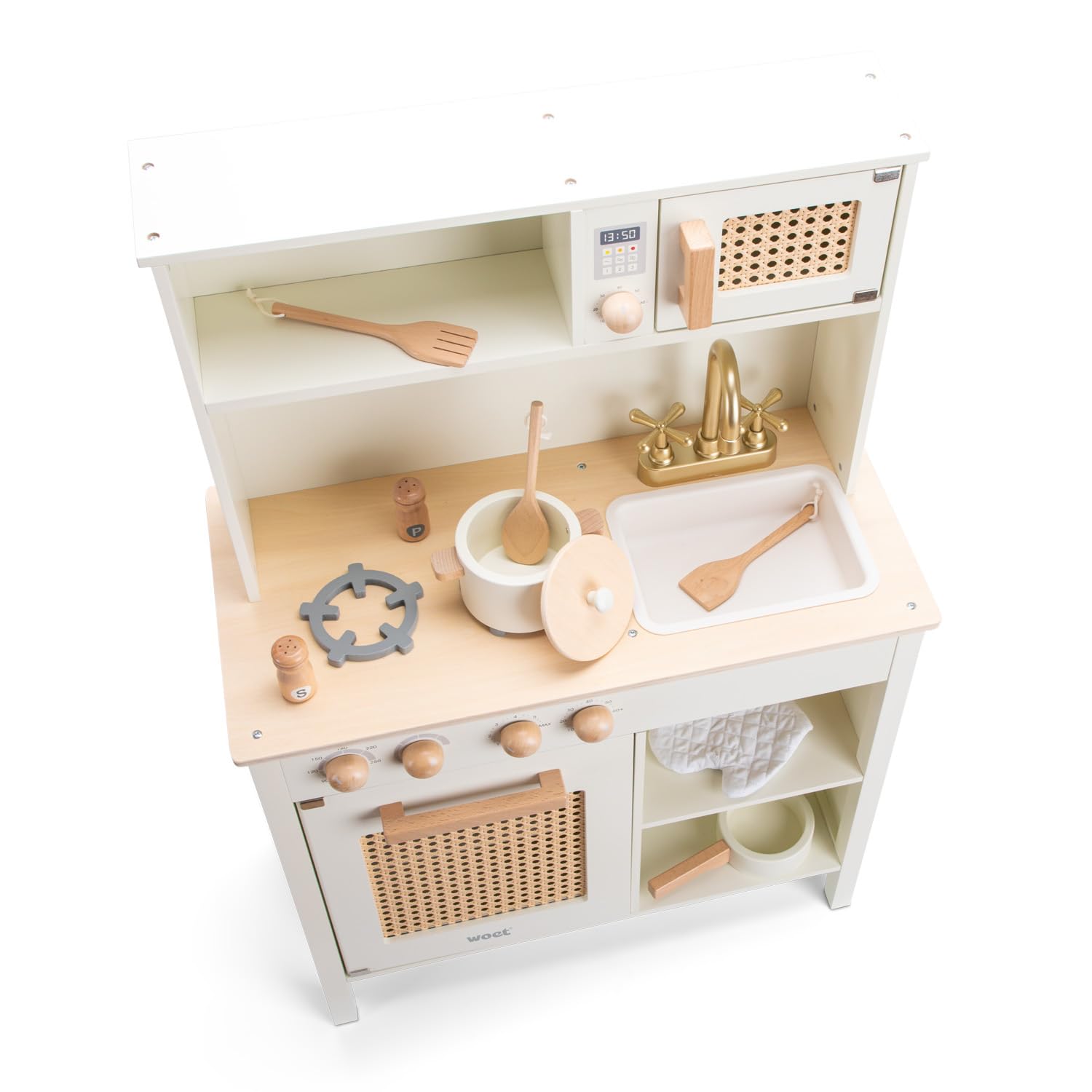 Woet Holzspielzeug Spielküche für Kinder Off-White mit Küchenzubehör Rattan-Details ab 3 Jahren