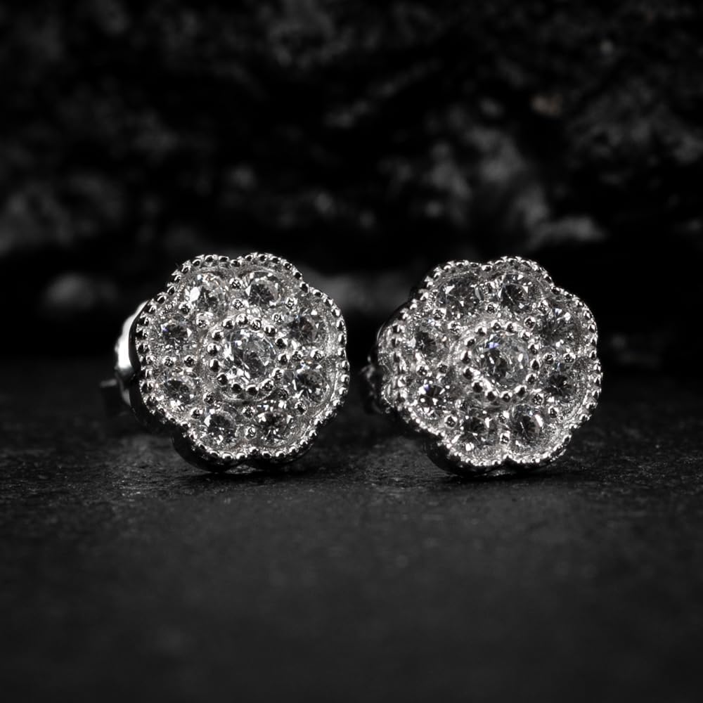 Small Unisex Brilliant Cut 925 Sterling Silver Screw Back Post White Gold Plated Round Flower Cluster Halo Hypoallergenic Cz Men's Women's Hip Hop Circle Stud Earrings