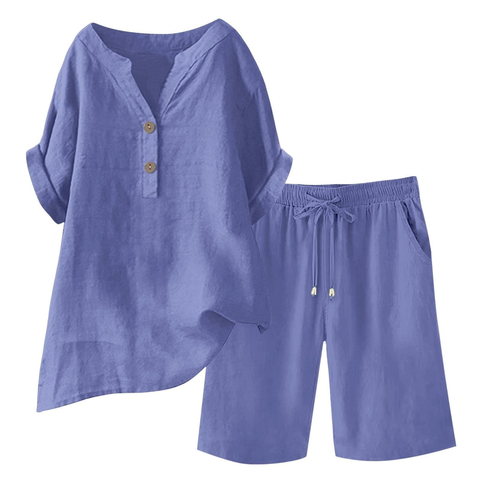 Ensemble en Lin Femme 2 Pièces Survêtement Coton et Lin Ete Chic Elegant Grande Taille Tunique Chemise + Pantacourt Décontracté Sport Jogging Respirant Plage Suit