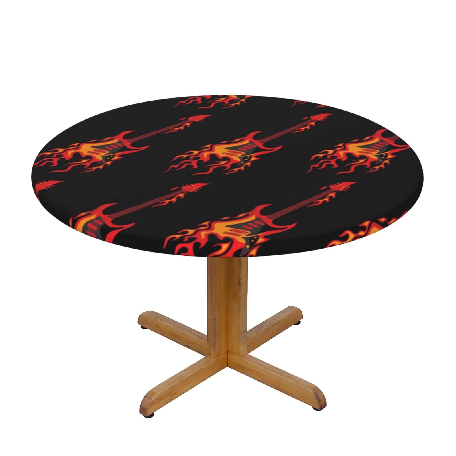 Lsjuee Round Fitted Tablecloth 40-44in Elastic Edged Table Cloth for Kitchen Dining Party Home Decor - Burning Fire Guitars Black