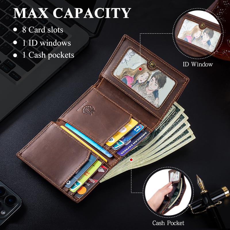 Image of Trifold Wallets for Men RFID Blocking Full Grain Leather Short Mens Wallet with Snap Closure, 8 Card Slots, Clear ID Window, Brown