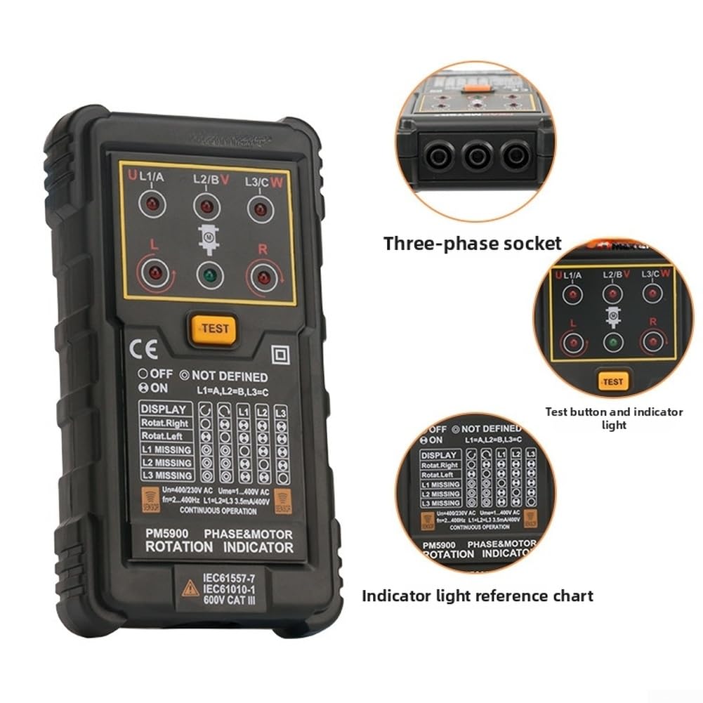 PEAKMETER PM5900 Berührungsloser Phasenfolger für 3-Phasen AC 120V-400V, Motor-Drehfeldprüfer mit R/L-Anzeige, für frequenz 2Hz-400Hz, Kompaktes Messgerät für Elektriker im Feld