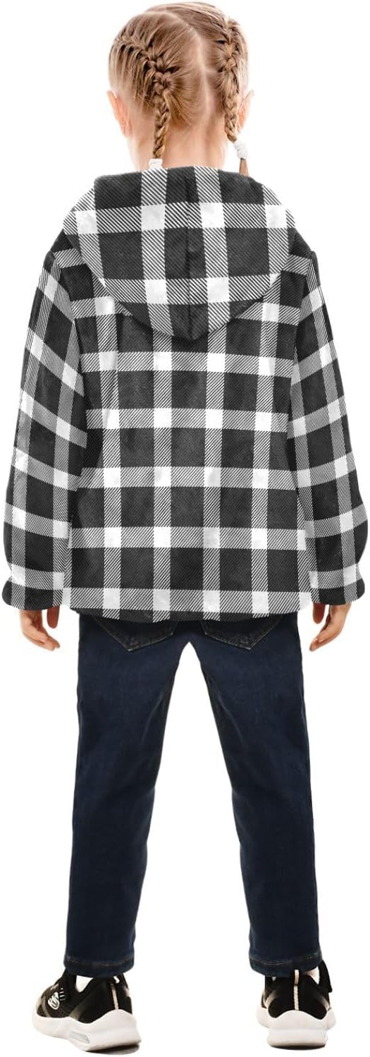 GuoChe Black White Tartan Plaid Girls Sherpa Lined Hoodie