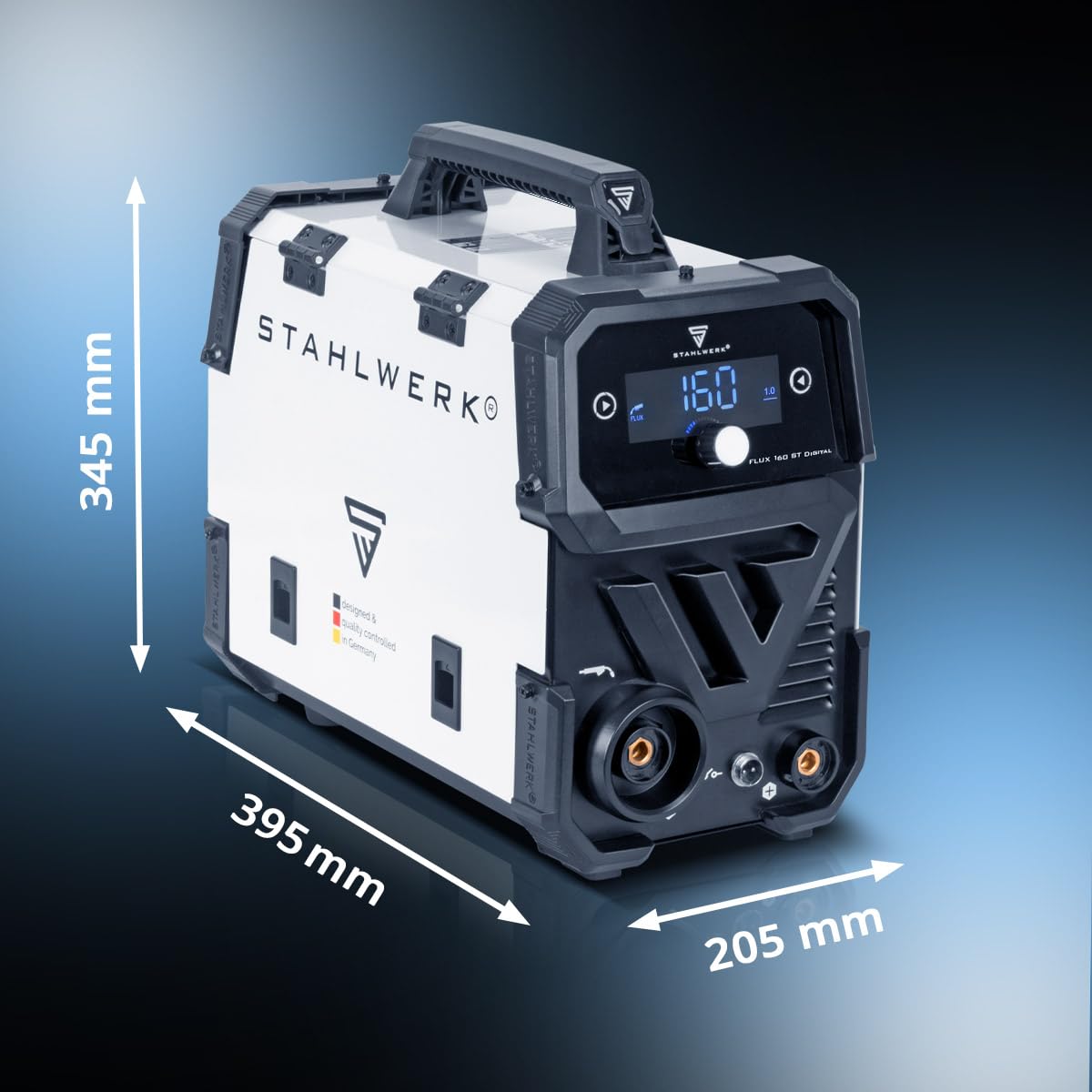 STAHLWERK Schweißgerät FLUX 160 ST Digital – Vollausstattung – 3-in-1 Kombi mit 160 A, Fülldrahtschweißen ohne Schutzgas, MMA (E-Hand/ARC), Lift-TIG (DC), synergischer Drahtvorschub, LED-Licht