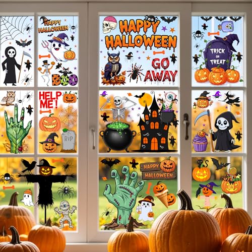 Halloween Window Cling Stickers | Halloween Decorations Party Decorations Indoor Outdoor Dcor Accessories Party Favors Supplies Craft Gift Idea For Kids Adult Pumpkin Skull Skeleton Spider - 8 Sheets