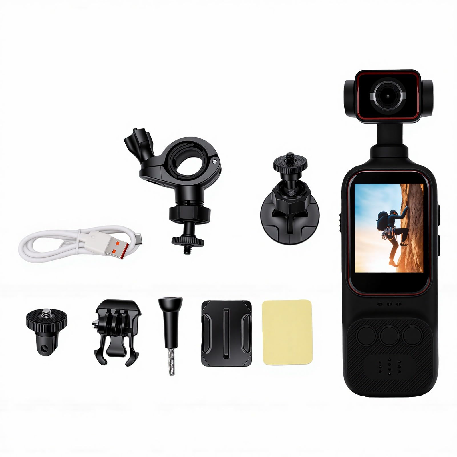 Caméra De Vlogging 2K, Caméra POV Portable À Main avec Objectif Pivotant À 270°, Stabilisation d'image, Fixation À Vis 1/4 Pouce pour Guidon, Clips De Poitrine, Casque