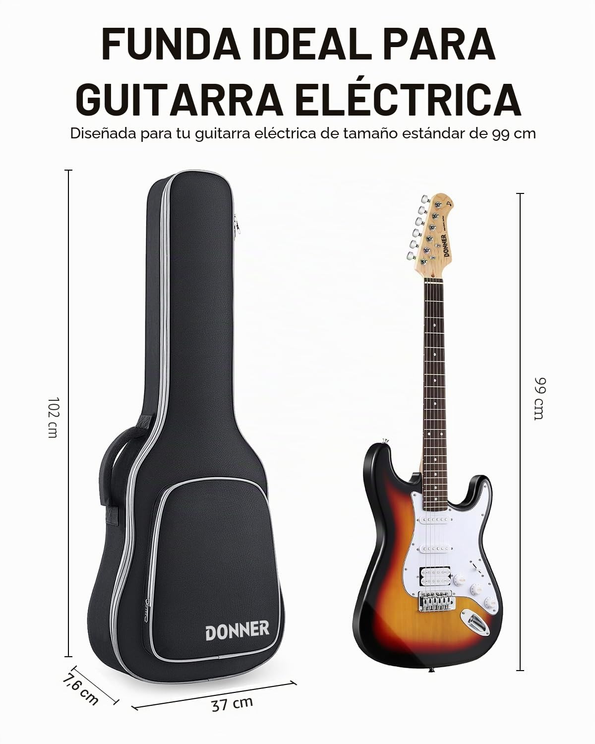 Donner Funda para Guitarra Eléctrica 39", Bolsa Mochila Acolchada 5mm, Correas Ajustables, Interior Resistente al Agua con Esponja y Bolsillo