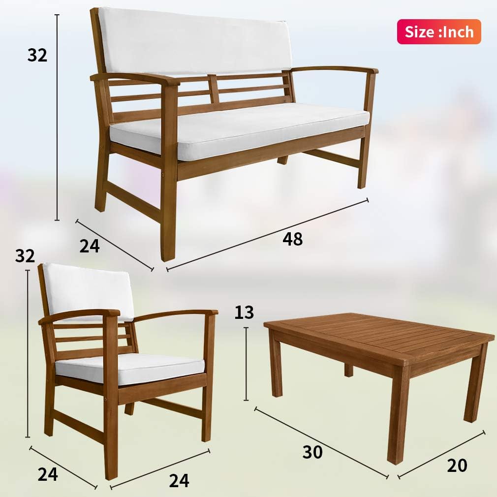 4-Piece Acacia Wood Outdoor Seating Set with White Cushions
