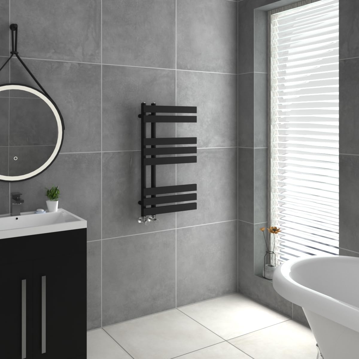 Warmehaus Designer Heated Towel Rail D Shape Bathroom Ladder Style Radiator Warmer Central Heating Black 800x450mm