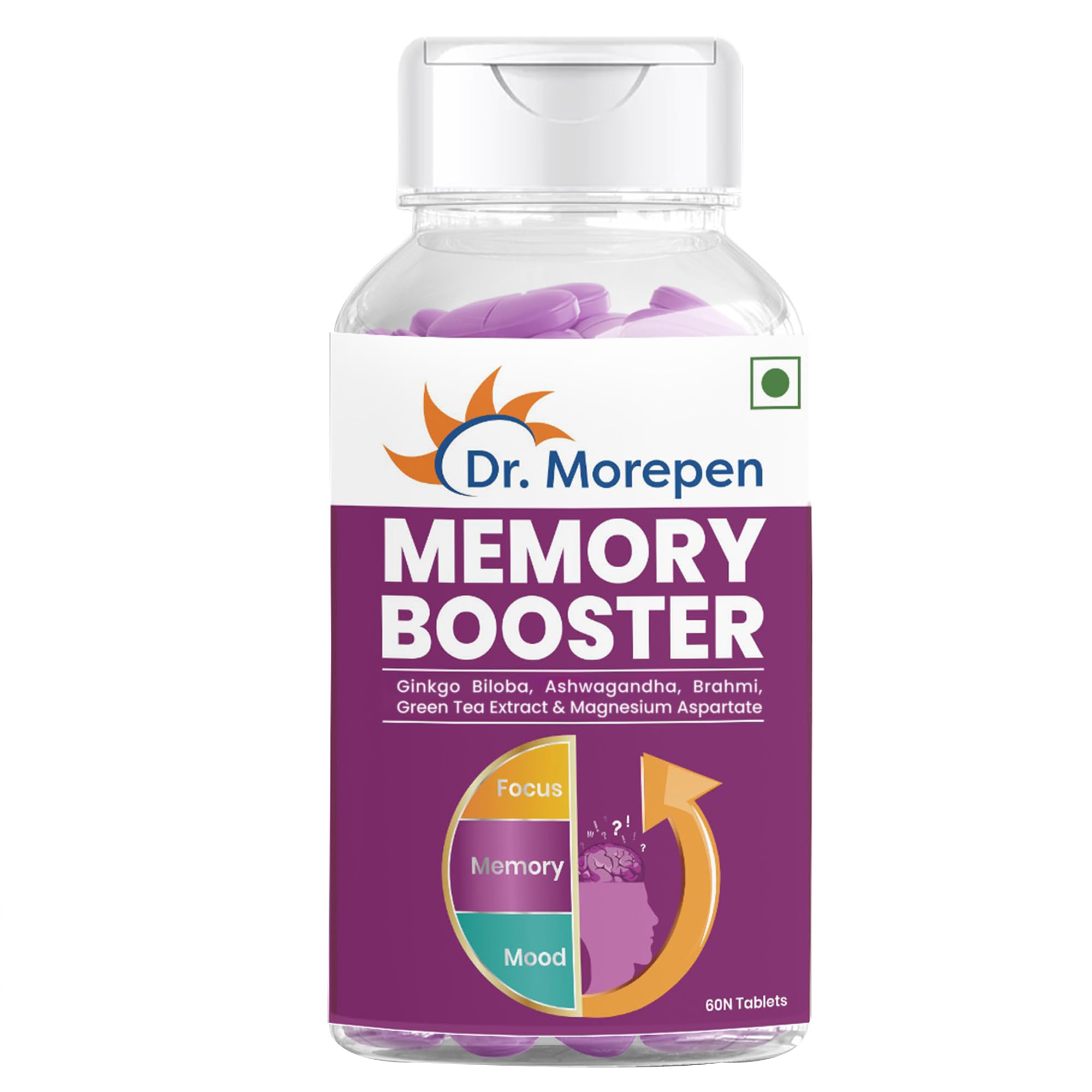 DR. MOREPEN Memory, Focus & Mood Tablets Enriched With GABA, Ashwagandha, Chamomile & Brahmi-Vitamins B1, B2, B3, Magnesium | Safe For Brain Health, Non-GMO & Preservatives Free-60 Tablets-image-17