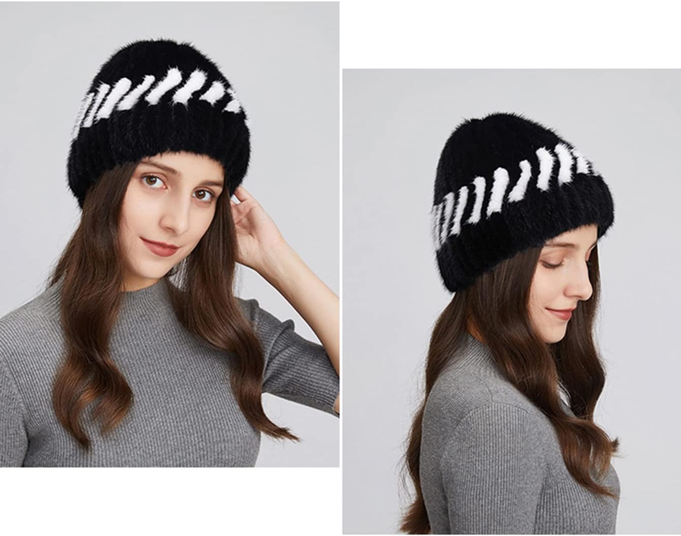 Women Winter Hat Real Mink Hair Cap Girls Warm Knitted Skullies Beanies Bicolor Cold Weather Hats Skiing Outdoor