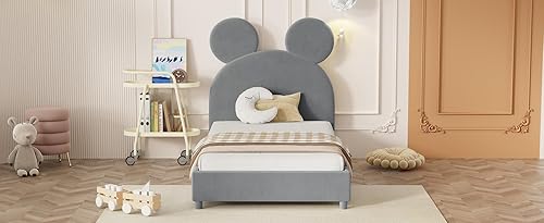 Miniatura 9 de Cama de plataforma de tamaño individual con bonita cabecera en forma de orejas de oso, cama tapizada de terciopelo con soporte de listones de
