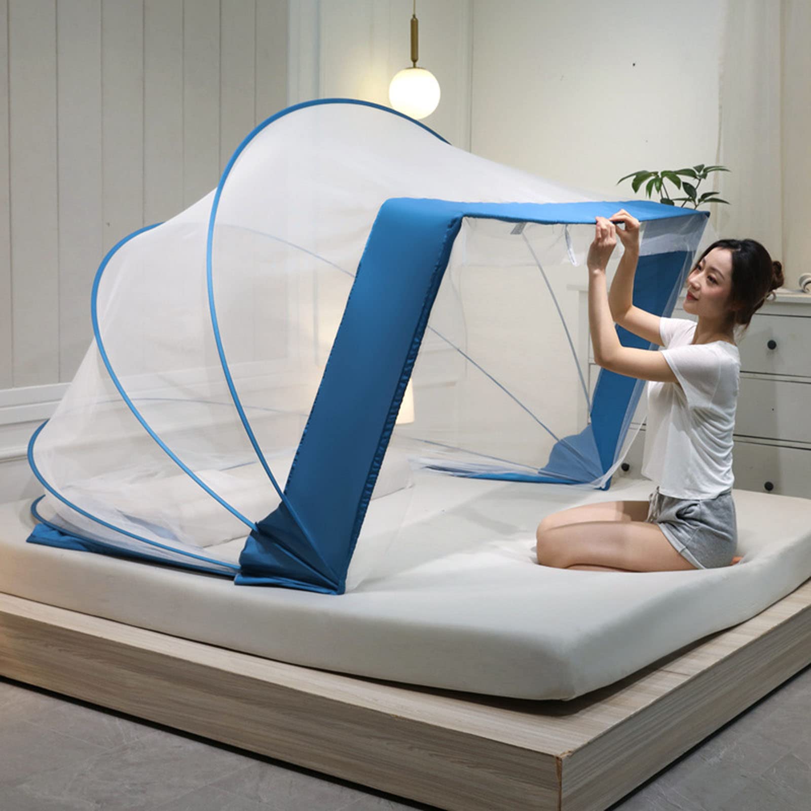 Tienda De Mosquitera Emergente, Mosquitera Plegable Portátil para Cama Individual/Doble, Mosquitera Recién Actualizada para Dormitorio Y Viajes Al Aire Libre, Fácil De Instalar Y Lavar,Azul A,100x19