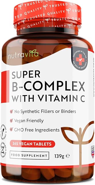 Super Vitamin B Complex - 365 High Strength Tablets (6 Month Supply) - All 8 B Vitamins B1-B2-B3-B5-B6-B12, Biotin, Folic Acid with Vitamin C - Reduces Tiredness & Fatigue - Immune Support - Nutravita
