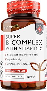 Super Vitamin B Complex - 365 High Strength Tablets (6 Month Supply) - All 8 B Vitamins B1-B2-B3-B5-B6-B12, Biotin, Folic Acid with Vitamin C - Reduces Tiredness & Fatigue - Immune Support - Nutravita