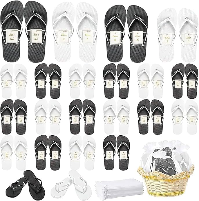 24 Pairs Bulk Flip Flops for Wedding Guests Wholesale Reception Slippers, Comfortable Beach Pool Spa Sandals with Size Cards & Drawstring Bags for Wedding Favors, Bridal Shower, Party, 4 Sizes