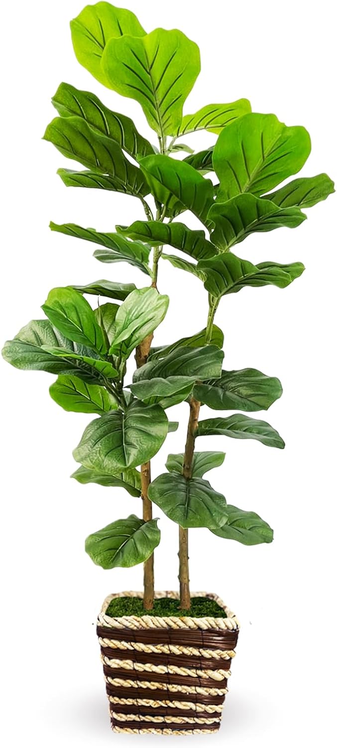 Artificial Fiddle Leaf Fig Tree with Woven Basket,4ft Tall Fake Tree with Natural Wood Trunk for Home Decor, Faux Ficus Tree Fake Moss for Indoor Office Living Room
