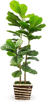 48 Inch Artificial Fiddle Leaf Fig Tree Indoor with Woven Basket - 4ft Tall Fake Tree with Real-Wood Trunk,Faux Plants for Living Rooms, Offices, Kitchens & Outdoor Spaces