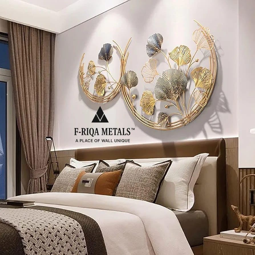 Image of F-RIQA METAL Luxury Half Moon 3D Metal Wall Art | Golden & Silver Leaf Design Wall Hanging | Modern Decorative Wall Sculpture for Living Room, Dining Room & Bedroom Decor