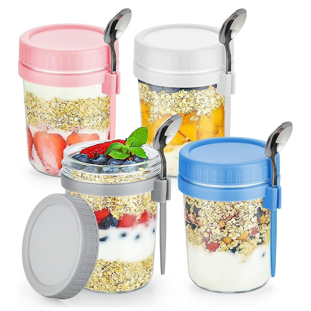 CROIRE Confezione da 4 contenitori Overnight Oats con coperchio e cucchiaio, in vetro e plastica per Overnight Oats, contenitori per fiocchi d'avena a prova di perdite