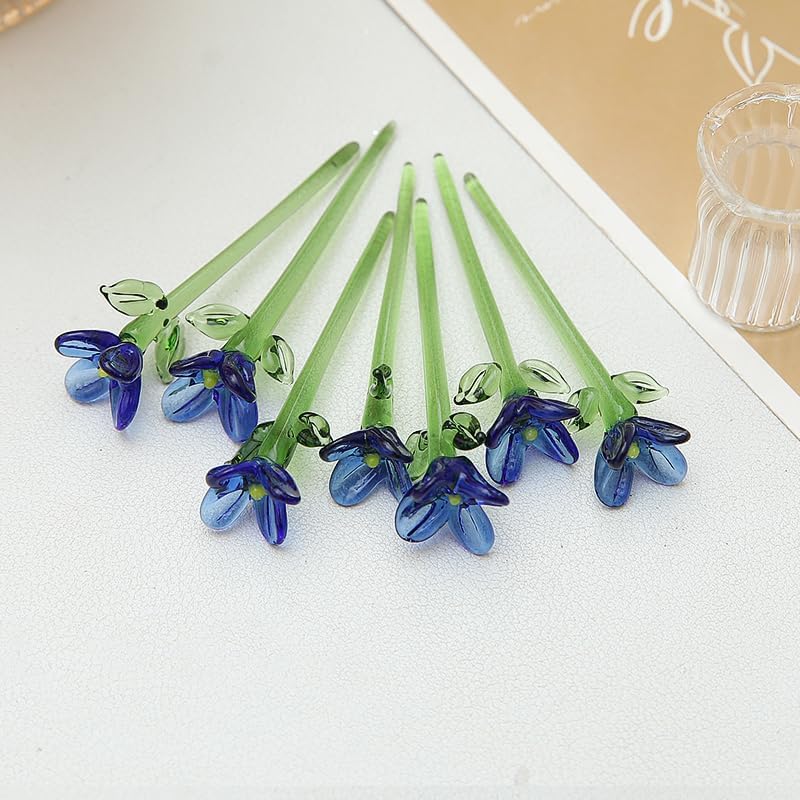 8PCS Cute Mini Glass Flowers and Vase Decoration Hand-Blown Glass Daisy Flower Bouquet Mini Vase Set for Home Party DIY Crafts Wedding Mother’s Day Birthday Gift (Blue) image 4