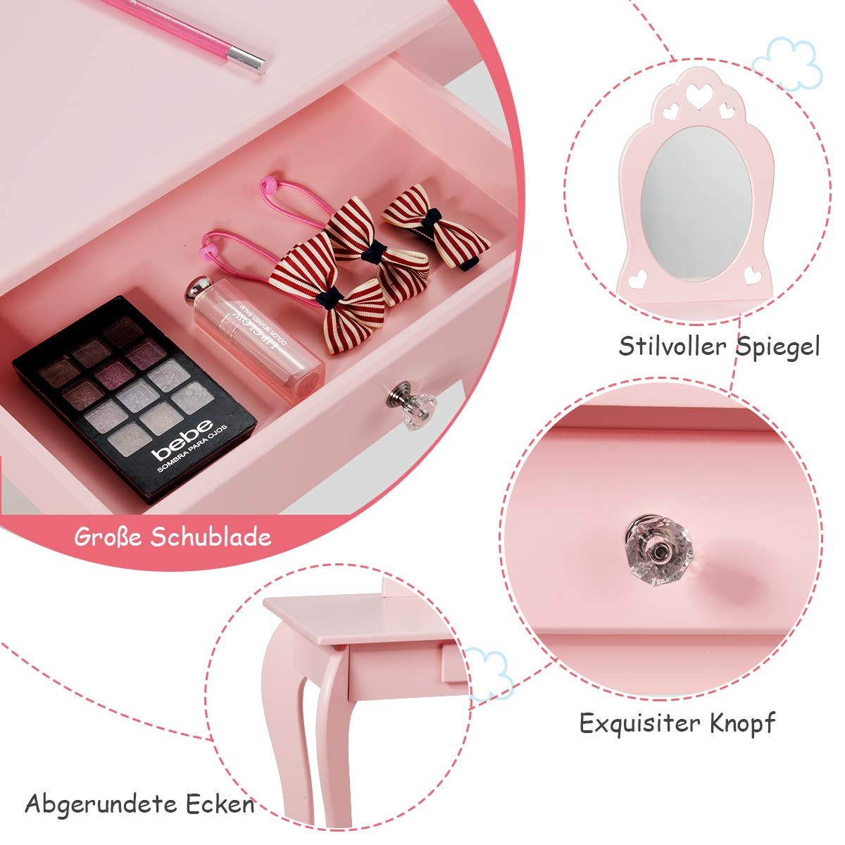 COSTWAY Kinder Schminktisch mit Hocker und Abnehmbarer Spiegel, Mädchen Frisiertisch Holz, Kindertisch mit Schublade, Spiegeltisch 70x34x105cm (Pink)