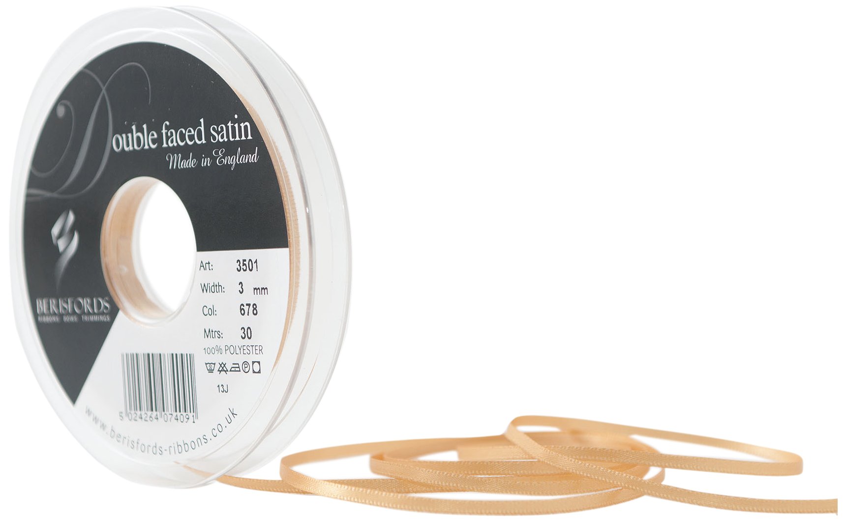 Berisfords Double Satin Ribbon, Honey Gold, 3 mm