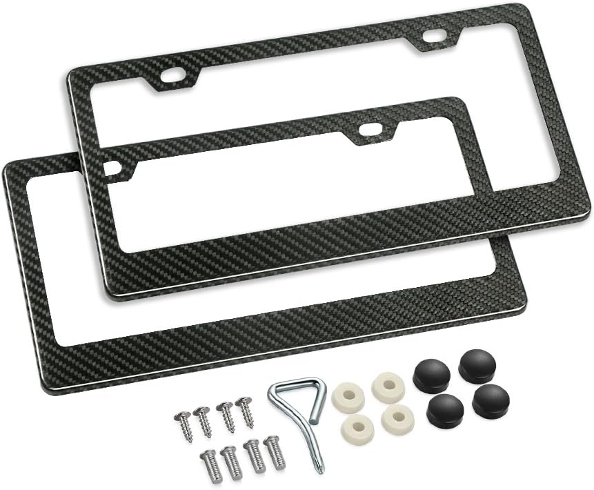 100% Real Carbon Fiber License Plate Frame,2 Holes Black Licenses Plates Frames,Car Licence Plate Covers Holders Slim Design with Chrome Screw Caps Tool Kit for US Vehicles (2PCS)