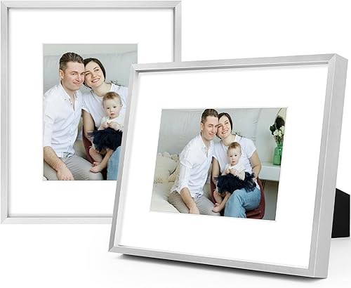 Vista 19 de Frametory, Marcos de aluminio de 5 x 7 pulgadas con paspartú marfil para fotos/fotos de 4 x 6 pulgadas, cristal real, retrato/paisaje, formatos