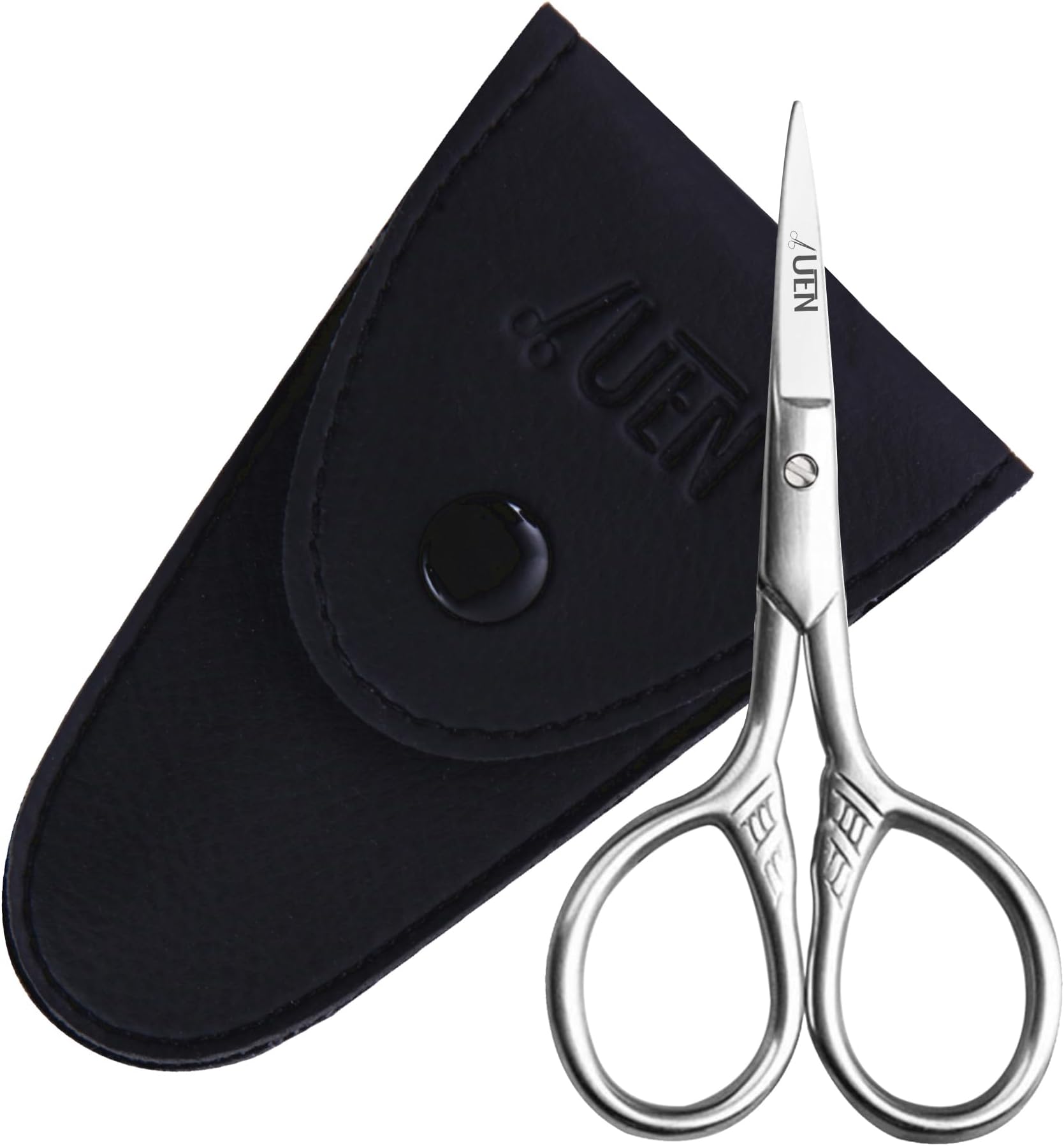UEN Small Precision Scissors 3.5 Inches Multipurpose, Stainless Steel - Facial Hair Grooming, Craft & Art- Beard, Moustache, Pubic, Nose, Ear, Eyebrow, Eyelash Trimming - With Pouch