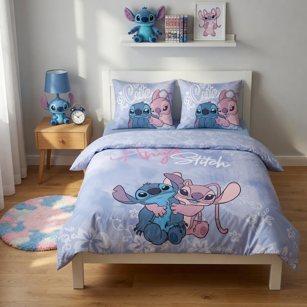 Stitch y Angel Funda Nórdica Cama 150 240x220 + 2 Fundas Almohada 65x65 | Ropa de cama 2 personas reversible | Polialgodón secado rápido | Disney Lilo & Stitch | Regalo pareja | Lavable a máquina