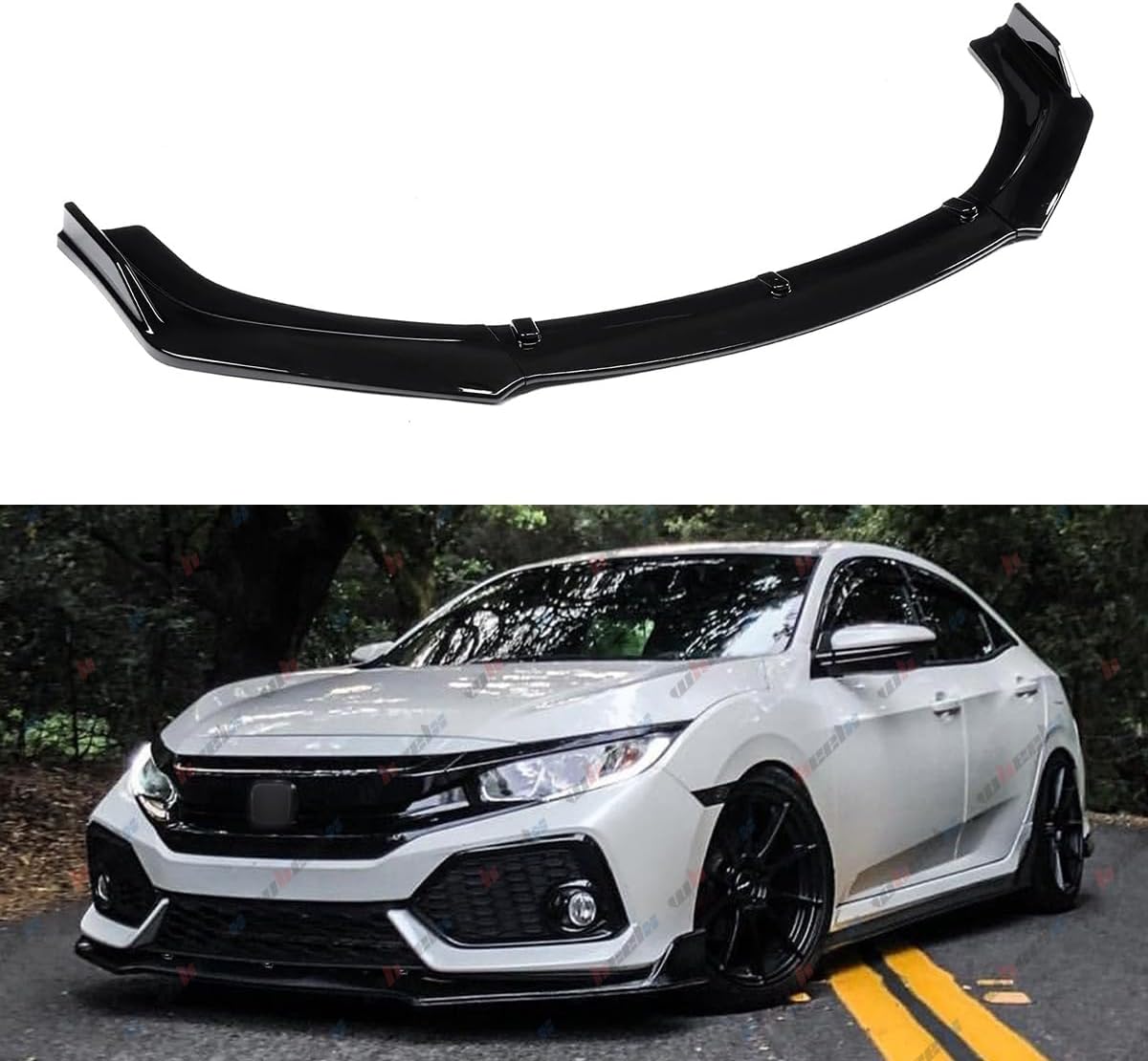3Pcs Front Bumper Lip Compatible with 2016-2020 Honda Civic, JDM Air Dam Lower Chin Splitter 4 Door Sedan Hatchback Protection Body Kit 2016 2017 2018 2019 2020 (Glossy Black)