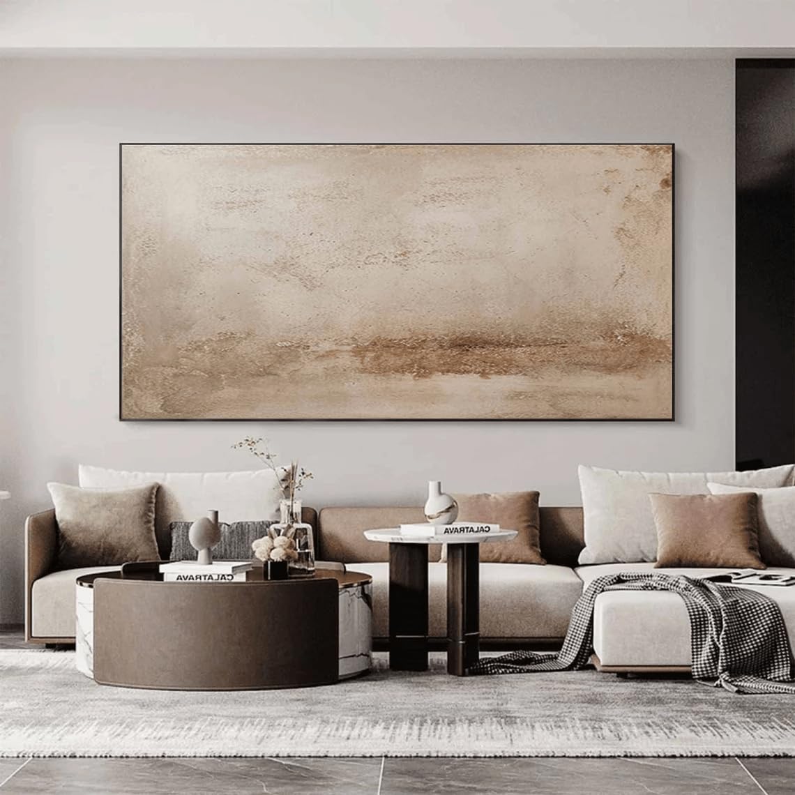 Uudezo Black Framed Large Beige Textured Oil Painting - Wabi Sabi Abstract Texture Wall Art Mural Suitable For Living Rooms, Bedrooms(80X160cm(31X63in)