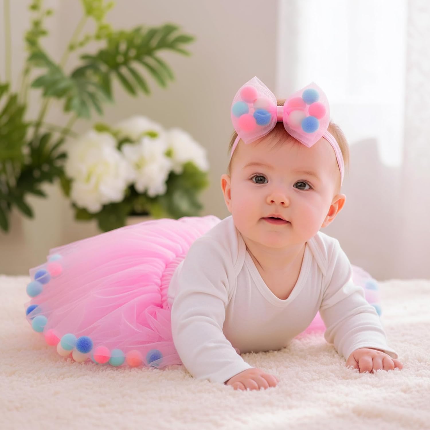Tutu Skirt for Toddler Girl Colorful Floating Pom Pom Tulle Skirt Bow Headband Birthday Tutu Outfit Princess Ballet Dress