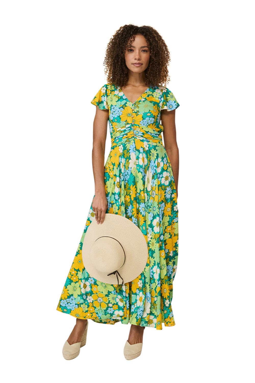 Izabel London Women's Green Floral Ruched Cap Sleeve Maxi Dress In | Size: 8