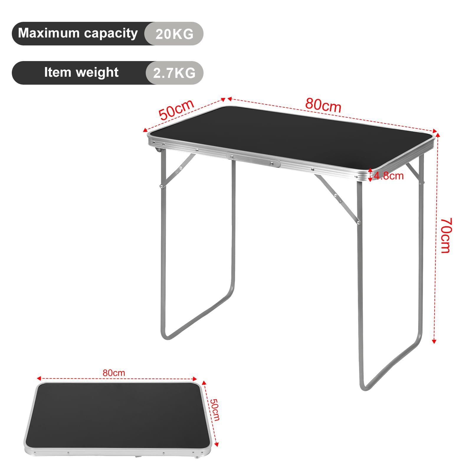 eSituro Tavolo Campeggio, Tavolino Pieghevole da Giardino, Tavolo da Balcone, con Maniglia in Gomma, Tavolo Picnic 80x50x70 cm, in Alluminio e MDF, Carico 20 kg, Nero