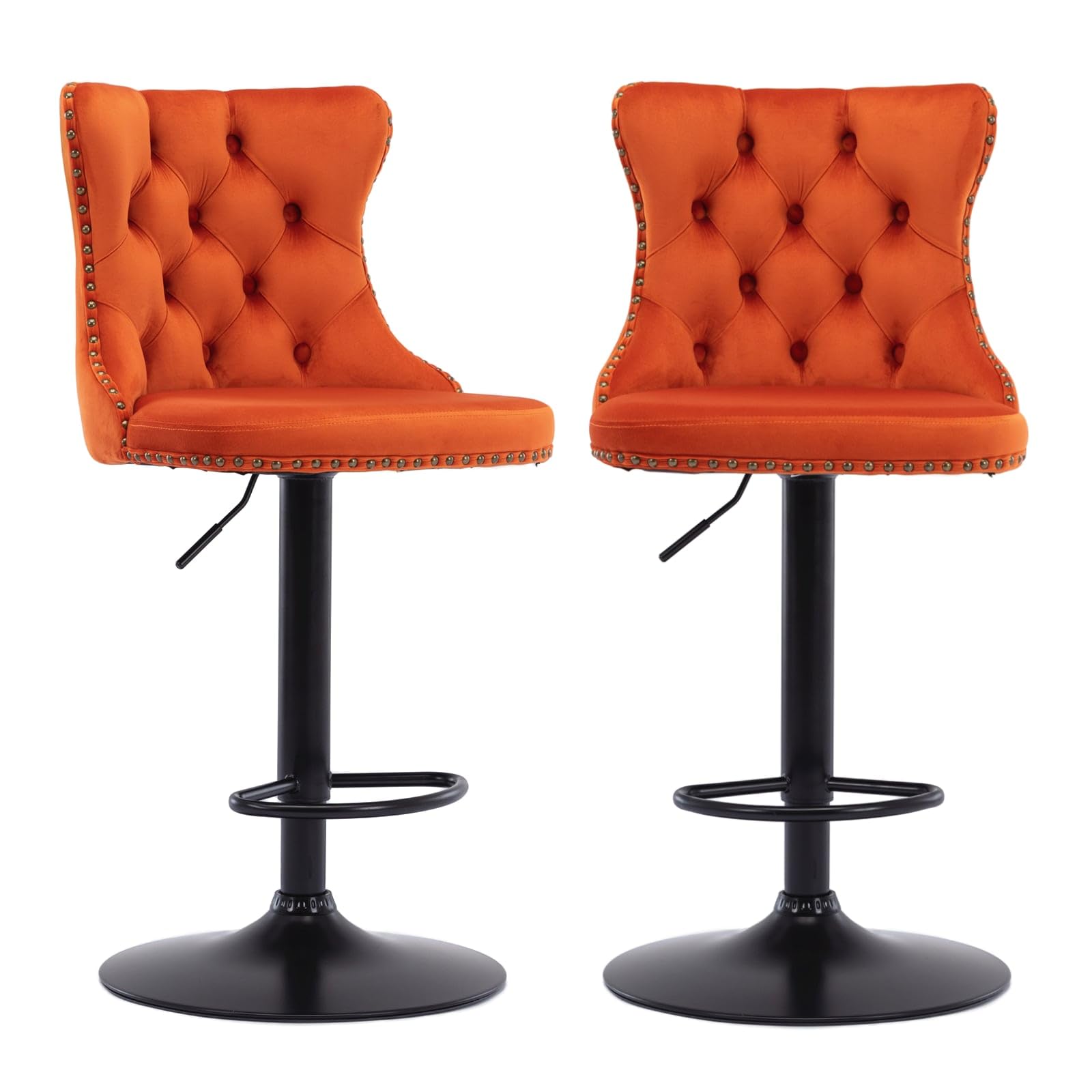 BEIDOR Adjustable Height Bar Stool Set of 2, Swivel Barstools with Tufted Back and Black Metal Base, Velvet Fabric Upholstered Bar Chairs for Kitchen