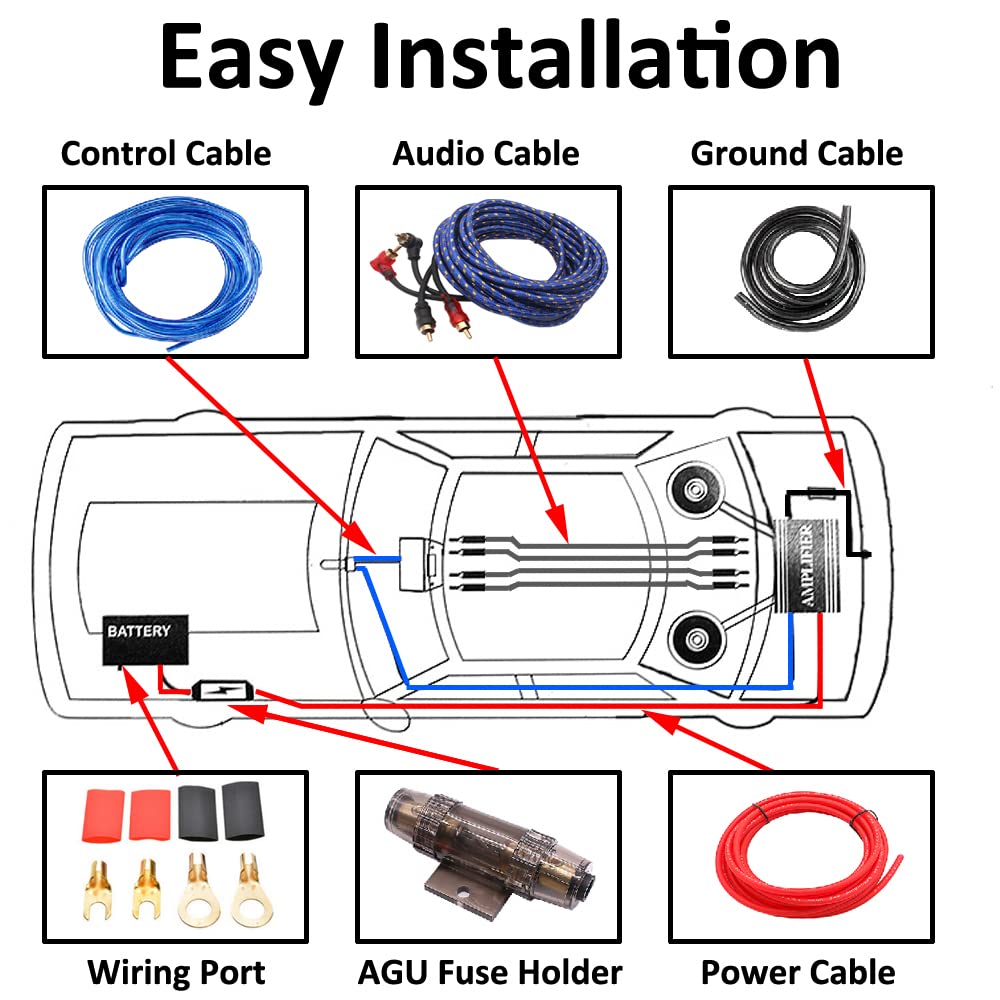 Cuivre Kit de Câblage Amplificateur de Voiture 10 GA Gauge AWG Kit de Installation Amplificateur Subwoofer Audio Cablage RCA Câble d'alimentation AGU Fusible 1500W