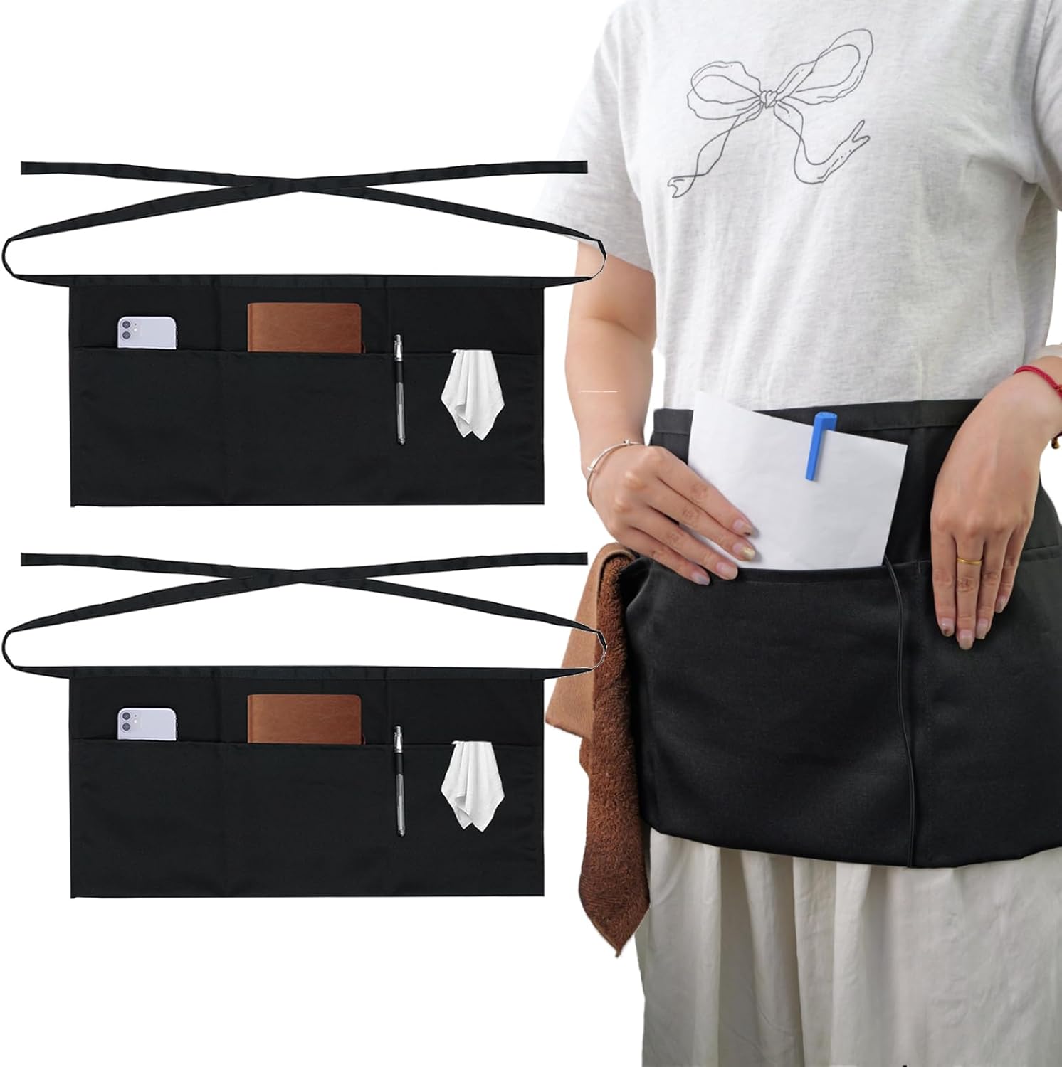 2-Pack Server Apron - Waist Half Aprons for Waitress with 3 Pockets, Black Short Serving Aprons for Women Waiters Water-Resistant