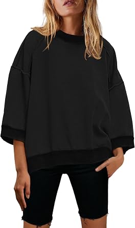 Nirovien Womens Short Sleeve Sweatshirt Oversized Crewneck Sweatshirts