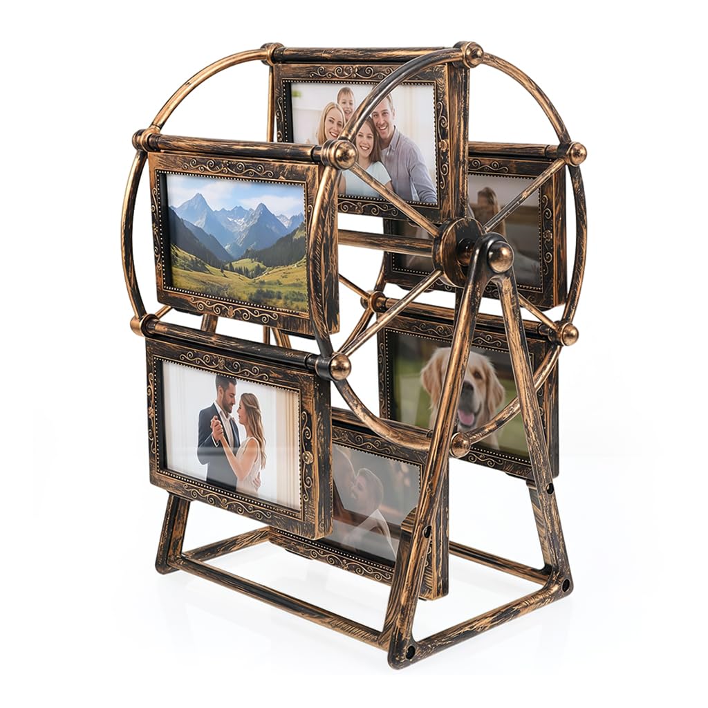 ZIBUYU® Retro Rotating Ferris Wheel Picture Holder, Vintage Bronze 2.5 × 4 inch PVC 6 Photo Display Stand, Customized Photo Frame Customised Gift, for Couple, Desktop Home Decor-image-24