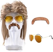 Ninnyi 3 Piece Set Brown 80s Mens Wig, Retro Pop Rock Curly Mullet Wigs for Men Halloween Costume Party Accessories