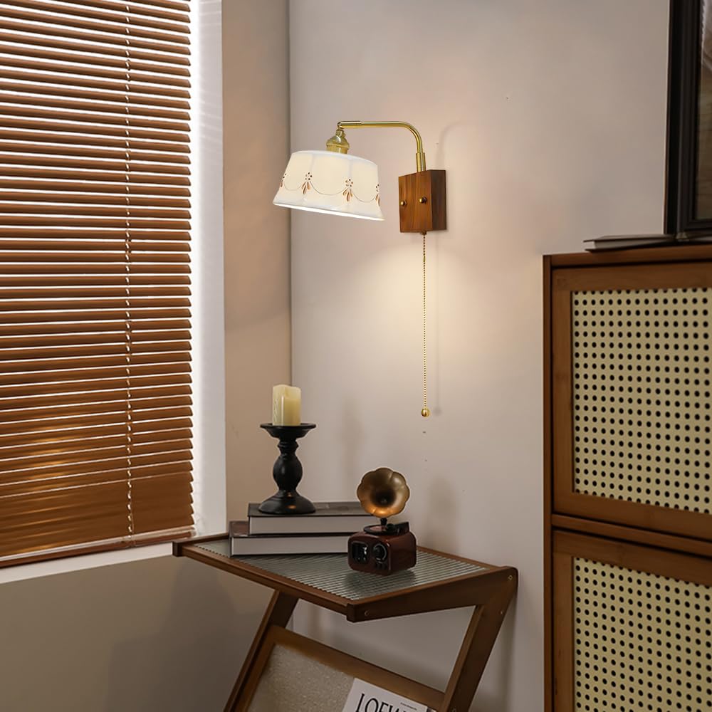 Applique da Parete Moderne Vintage, Lampada da Parete con Paralume in Ceramica Bianca e Interruttore a Tirante, Lampada da Parete in Ottone Regolabile a 180 Gradi per Camera da Letto, Comodino, i