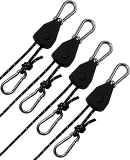 4Pack Retractable Ratchet Tie Down Straps, 16Ft 1/4" Adjustable Rope Hangers, Heavy-Duty Kayak Pulley System with 2 Carabiner Hooks, for Canoe, Roof Rack Loads, Camping Gear, Midnight Black