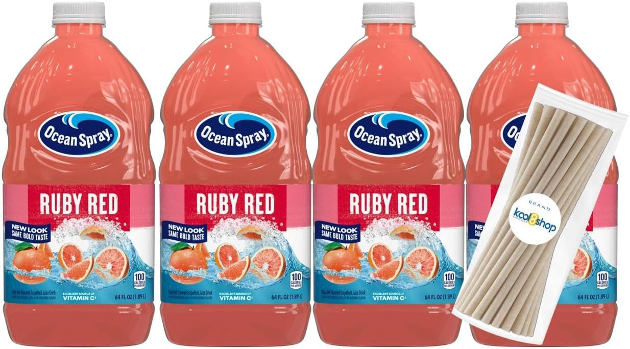 Ocean Spray Ruby Red Juice Drink 64 fl oz Plastic Bottle 4 Pack + 15 Sugarcane Disposable Straws by KOOL8SHOP Infinite Deals