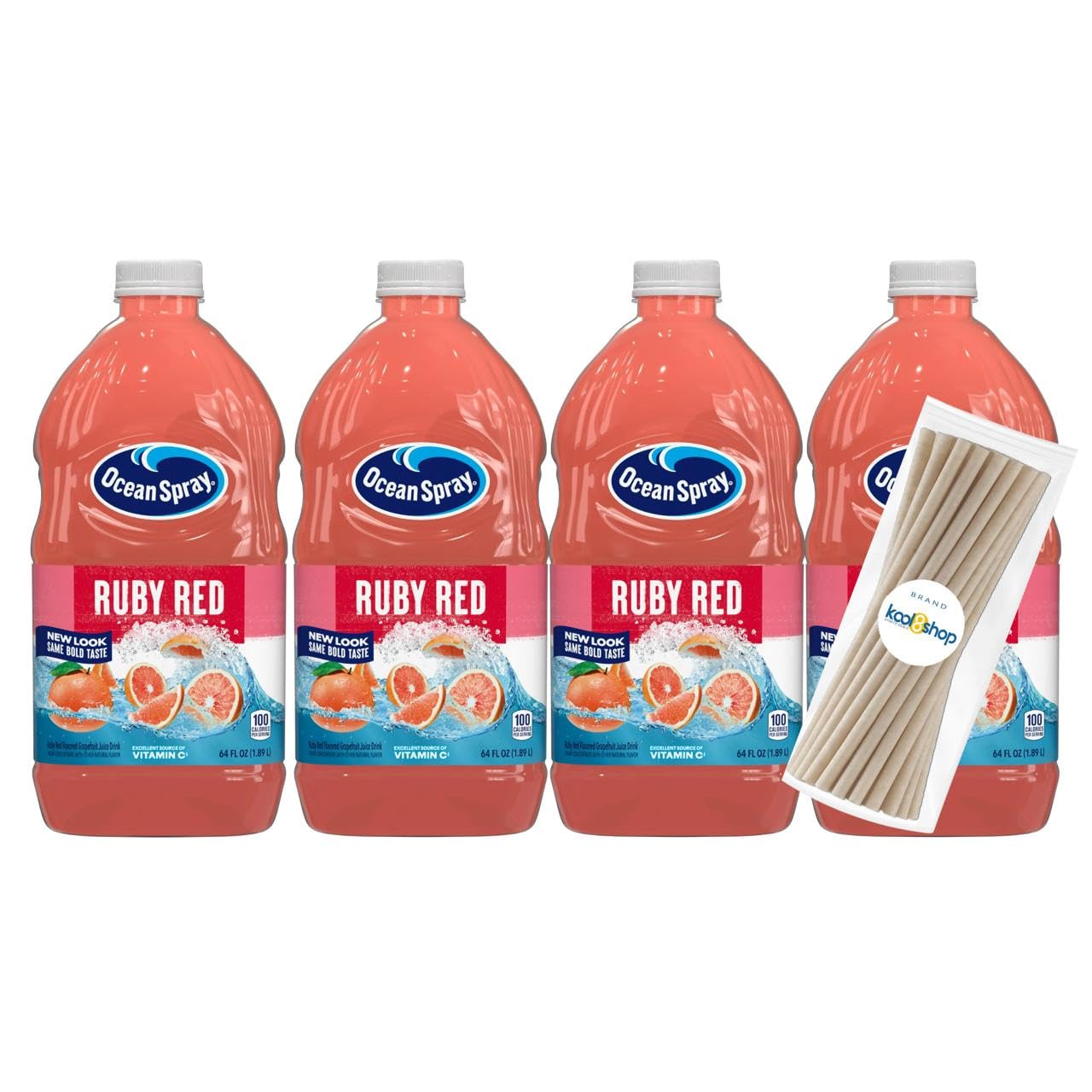 Ocean Spray Ruby Red Juice Drink 64 fl oz Plastic Bottle 4 Pack + 15 Sugarcane Disposable Straws by KOOL8SHOP Infinite Deals