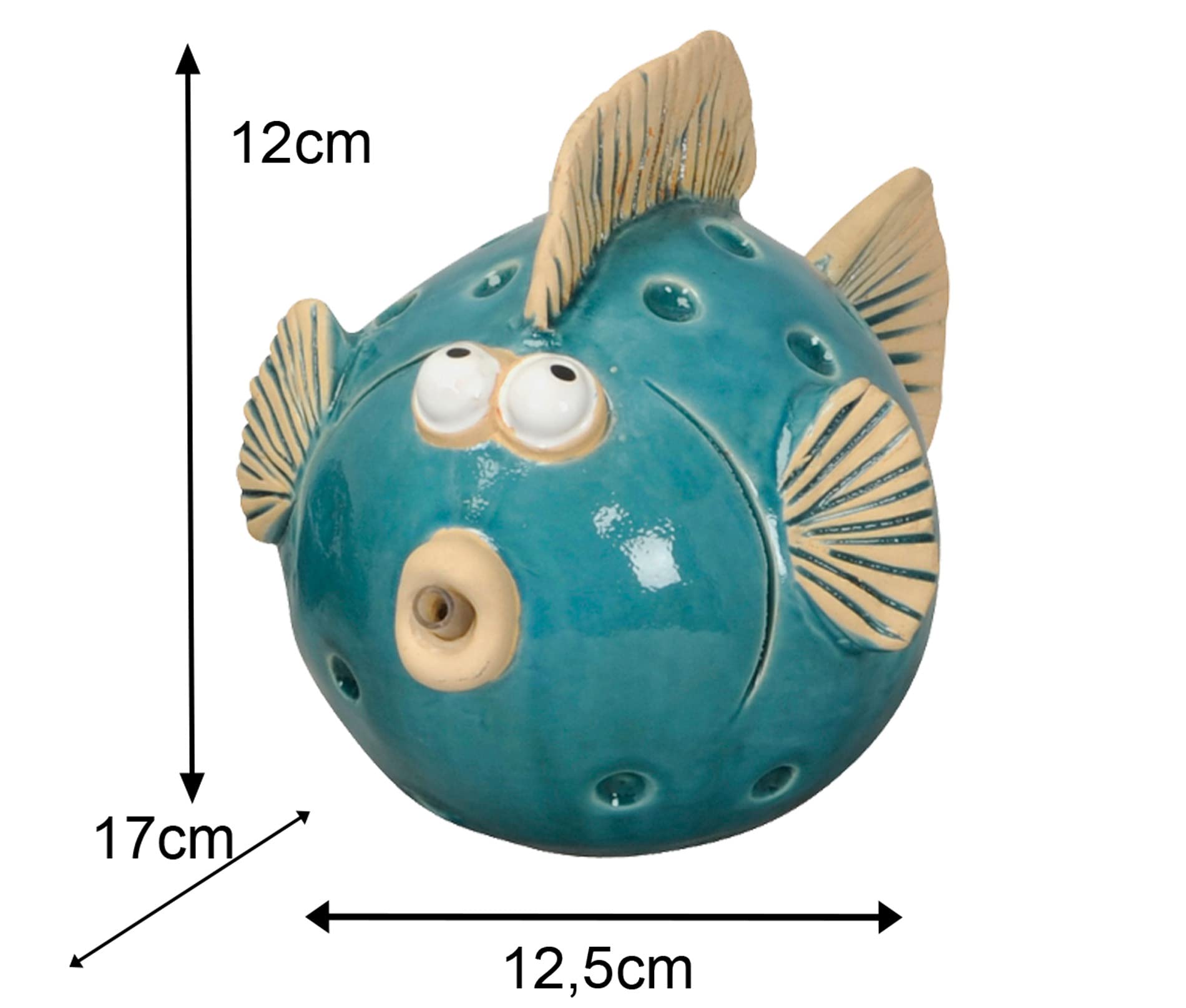 Storm's Gartenzaubereien Wasserspeier Fisch blau mit Akku Solarpumpe 12cm aus Keramik Laufzeit ohne Sonne 4-5 Stunden für Miniteiche